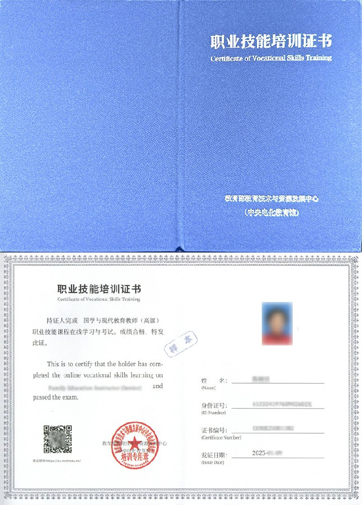 教育部教育技术与资源发展中心(中央电化教育馆) 职业技能培训证书 国学与现代教育教师证证书样本