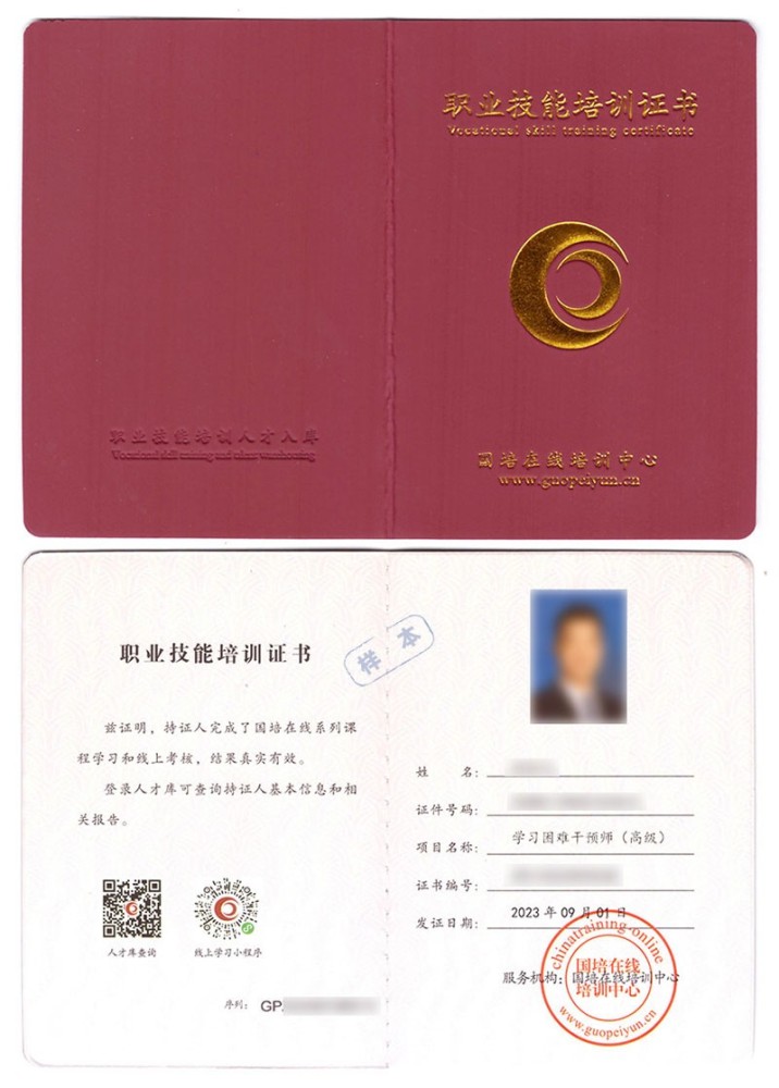 国培在线培训中心 职业技能培训证书 学习困难干预师证证书样本